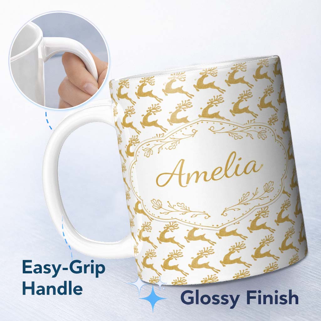 Personalized Custom Name Gold Glitter Reindeer Christmas Seamless Pattern Cute Unique Gift 11oz Ceramic Coffee Tea Mug White Large Handle