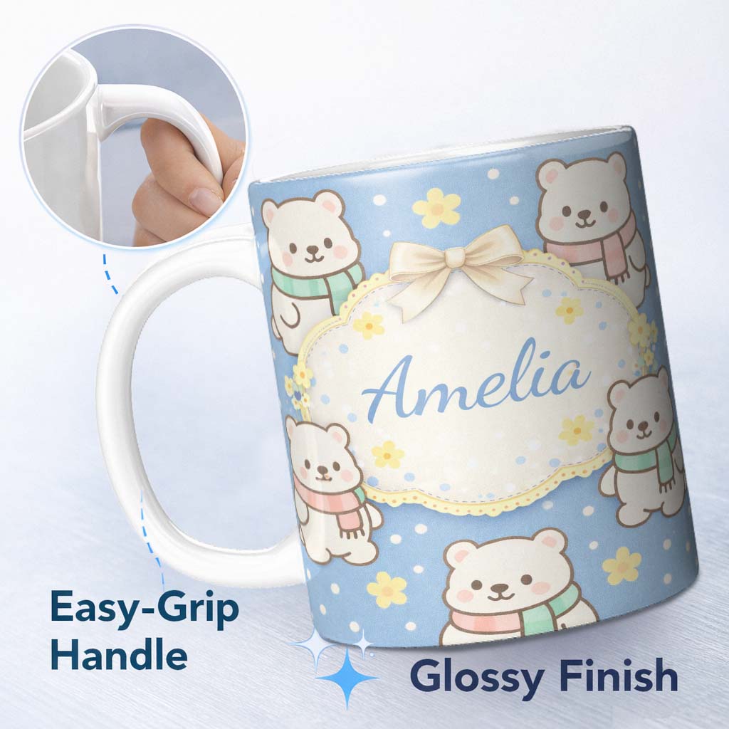 Personalized Custom Name Cute Winter Teddy Bear Cartoon Animal Pattern Perfect Gift for Her 11oz Ceramic Coffee Tea Mug White Large Handle