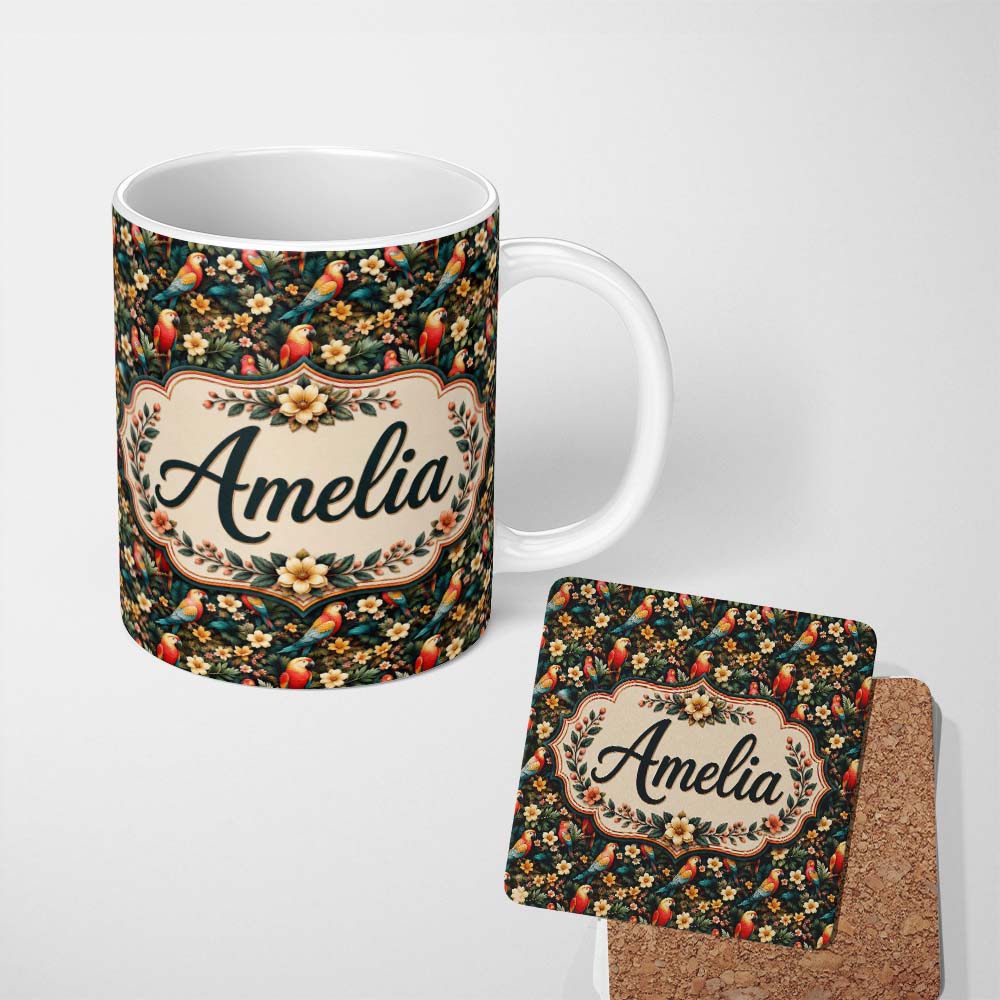 Personalized Custom Name Exotic Macaw Parrots with Flowers Seamless Pattern Name Cute Unique 11oz Ceramic Coffee Tea Mug White Large Handle