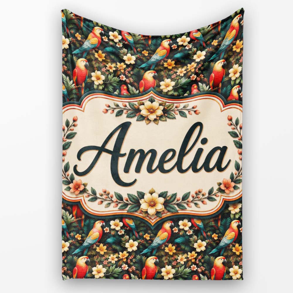 Exotic Macaw Parrots with Flowers Seamless Pattern Name Cute Unique Personalised Custom Name Super Soft Fleece Blanket Bed Sofa Throw