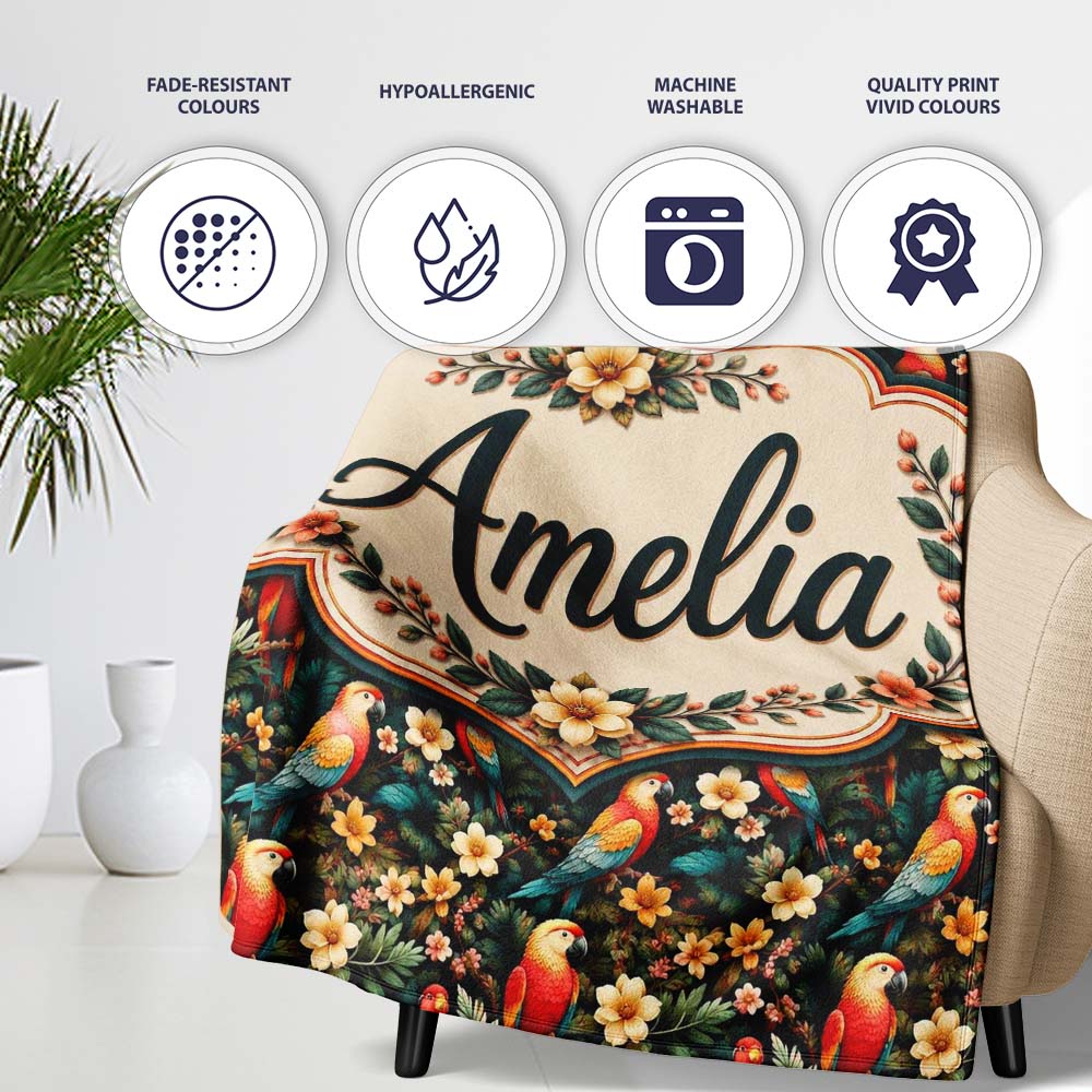Exotic Macaw Parrots with Flowers Seamless Pattern Name Cute Unique Personalised Custom Name Super Soft Fleece Blanket Bed Sofa Throw