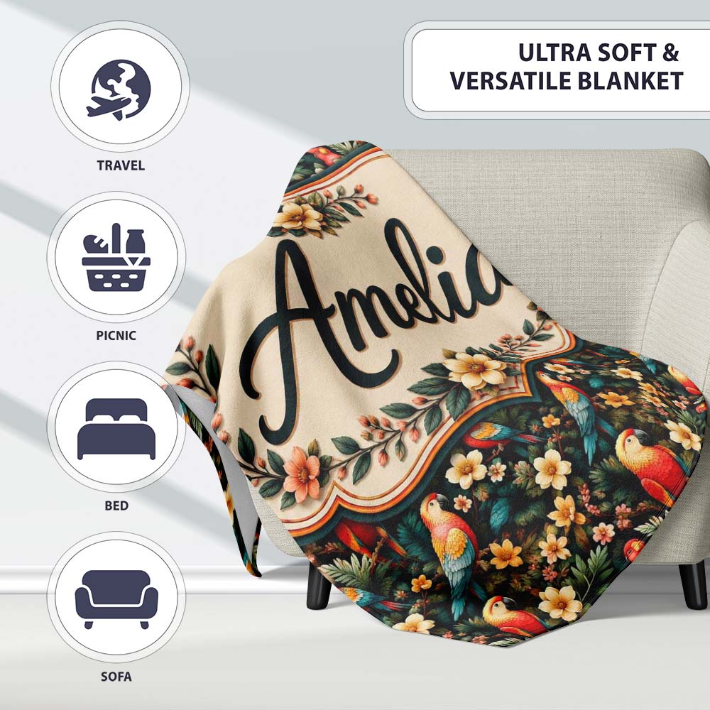 Exotic Macaw Parrots with Flowers Seamless Pattern Name Cute Unique Personalised Custom Name Super Soft Fleece Blanket Bed Sofa Throw