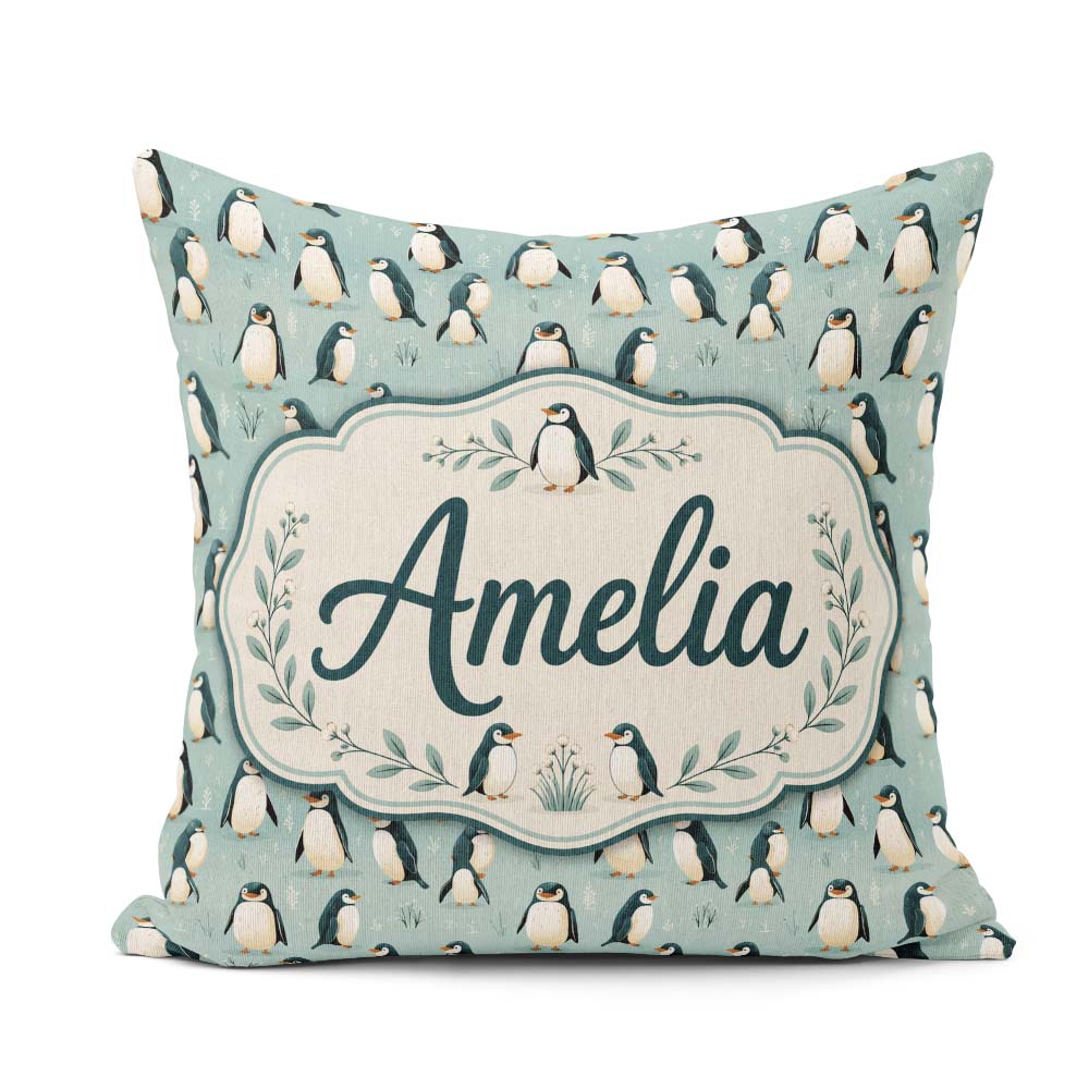 Custom Name Penguin Birds Arctic Nature Seamless Pattern Name Square Filled Cushion Throw Pillow Sofa Bed Home Decor Zip Washable UK Made