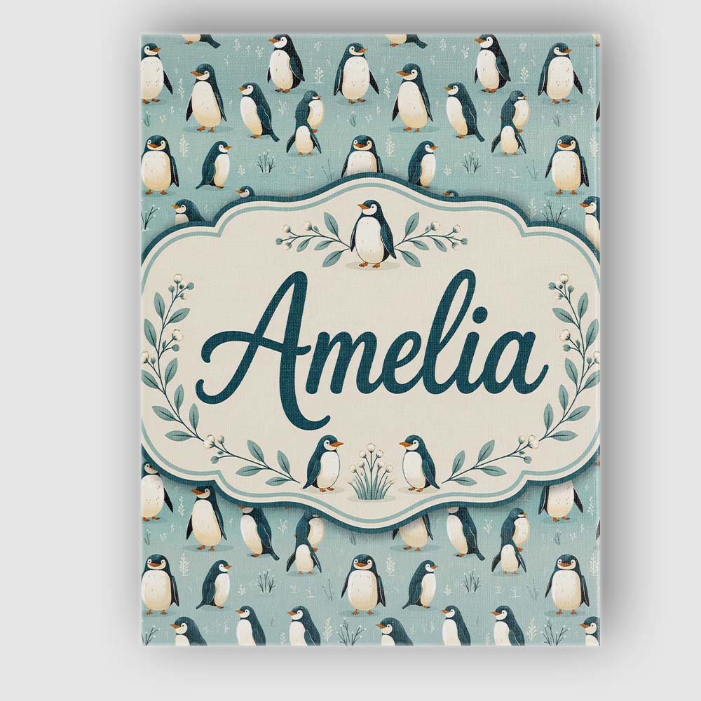 Personalised Name Cute Penguin Birds Arctic Custom Bespoke Interior Contemporary Canvas Wall Art Print Decor Picture Ready to Hang