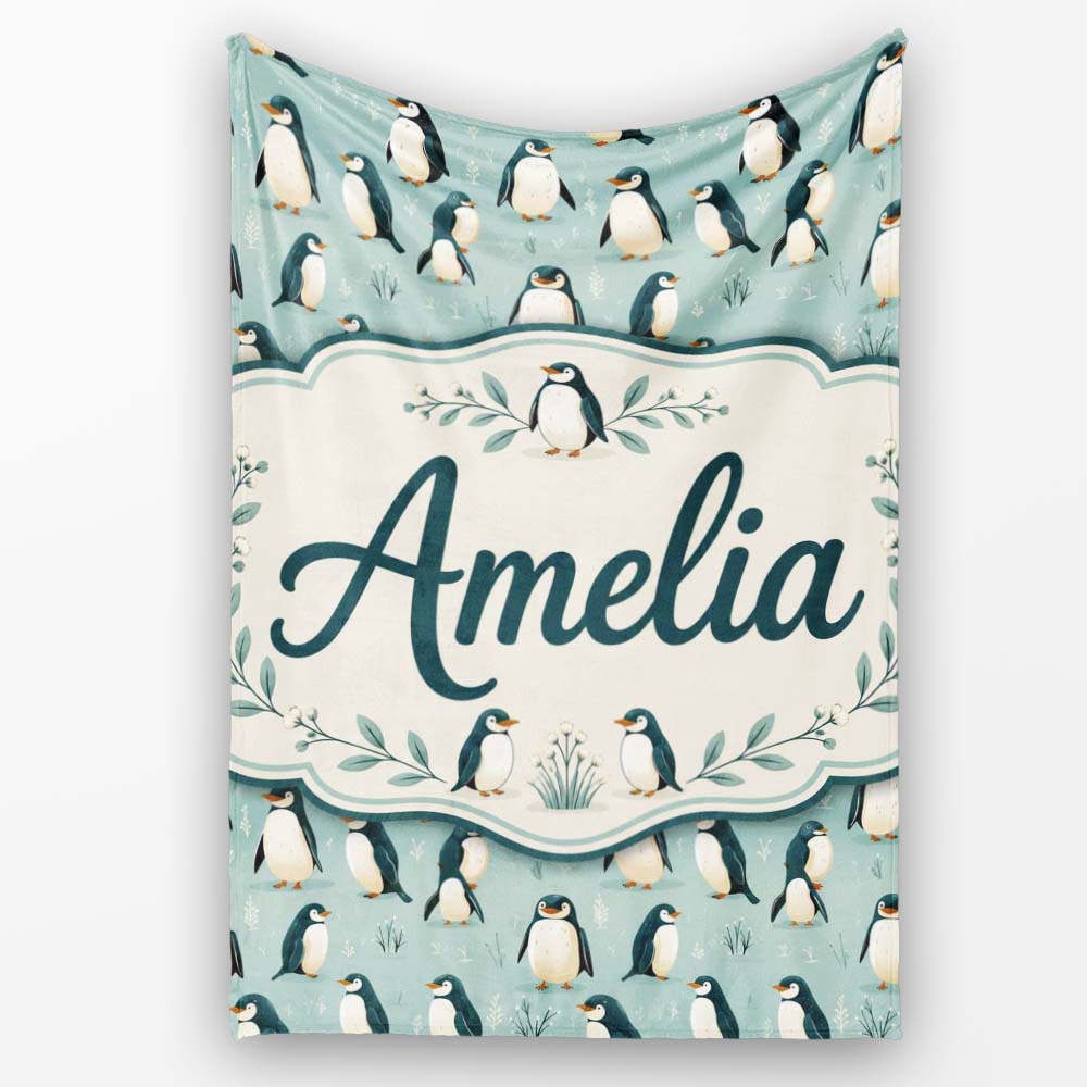 Cute Penguin Birds Arctic Nature Seamless Pattern Name Unique Gift Personalised Custom Name Super Soft Fleece Blanket Bed Sofa Throw