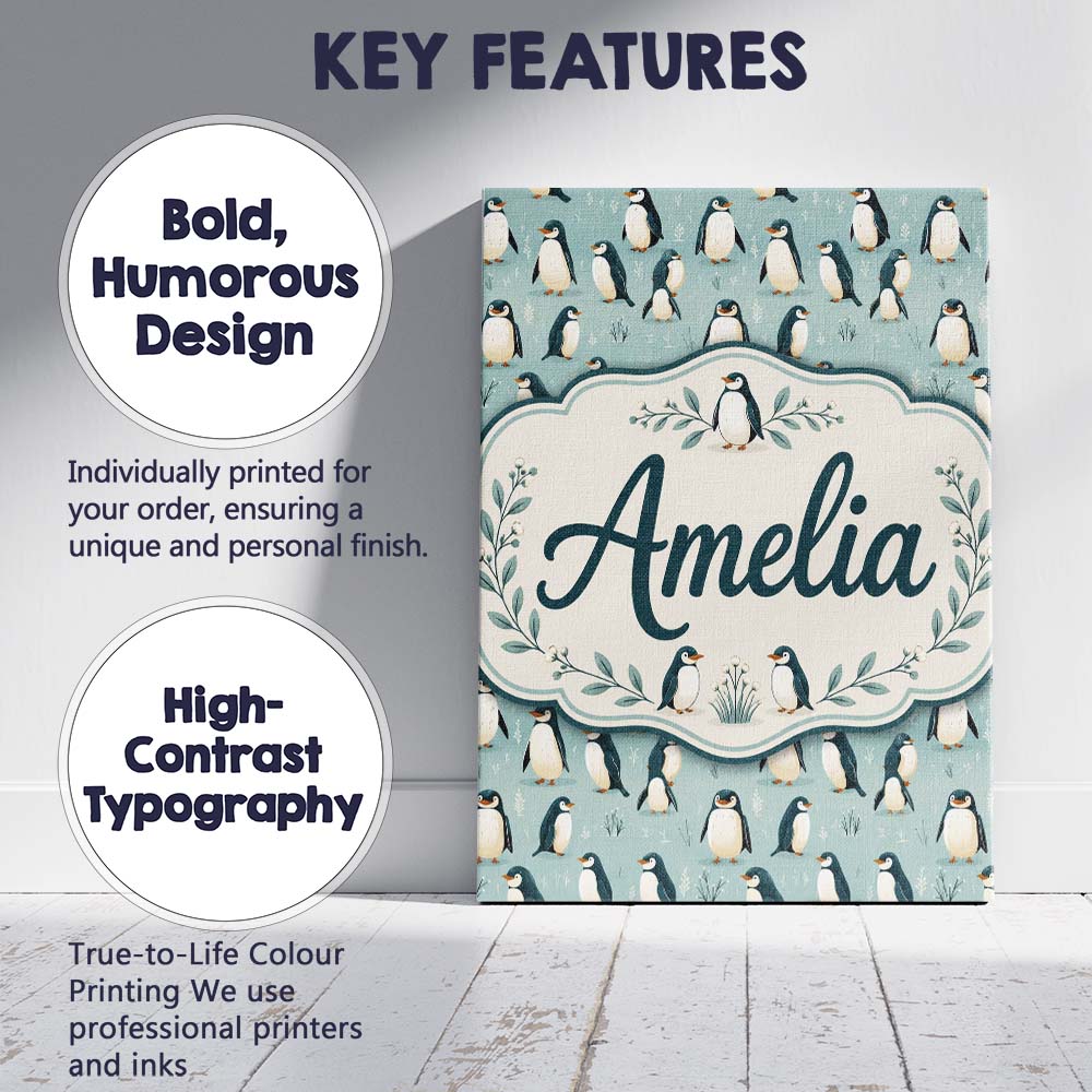 Personalised Name Cute Penguin Birds Arctic Custom Bespoke Interior Contemporary Canvas Wall Art Print Decor Picture Ready to Hang