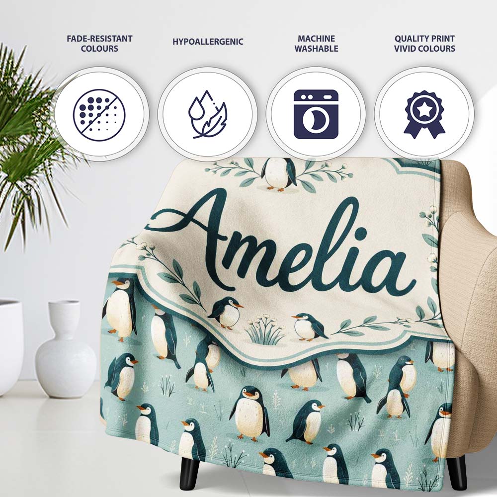 Cute Penguin Birds Arctic Nature Seamless Pattern Name Unique Gift Personalised Custom Name Super Soft Fleece Blanket Bed Sofa Throw