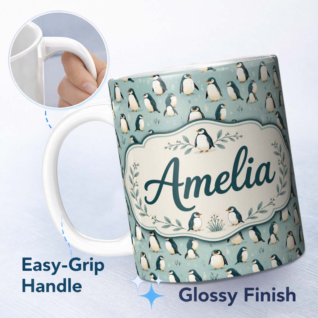 Personalized Custom Name Cute Penguin Birds Arctic Nature Seamless Pattern Name Unique Gift 11oz Ceramic Coffee Tea Mug White Large Handle