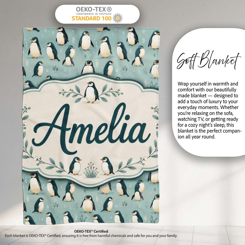 Cute Penguin Birds Arctic Nature Seamless Pattern Name Unique Gift Personalised Custom Name Super Soft Fleece Blanket Bed Sofa Throw