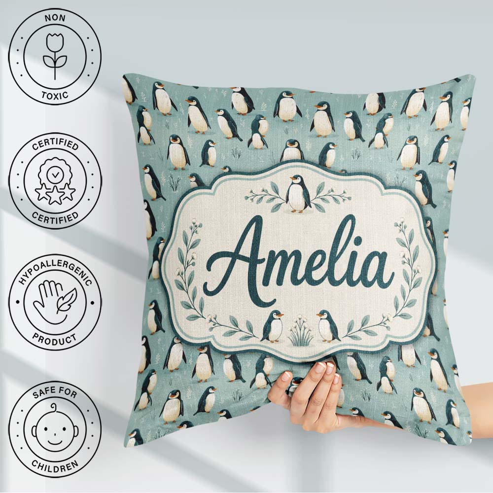 Custom Name Penguin Birds Arctic Nature Seamless Pattern Name Square Filled Cushion Throw Pillow Sofa Bed Home Decor Zip Washable UK Made