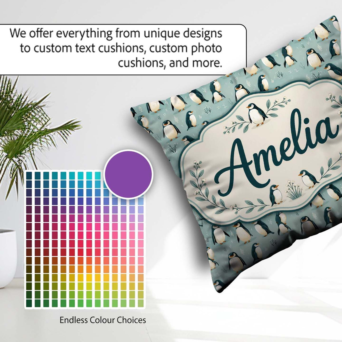 Custom Name Penguin Birds Arctic Nature Seamless Pattern Name Square Filled Cushion Throw Pillow Sofa Bed Home Decor Zip Washable UK Made