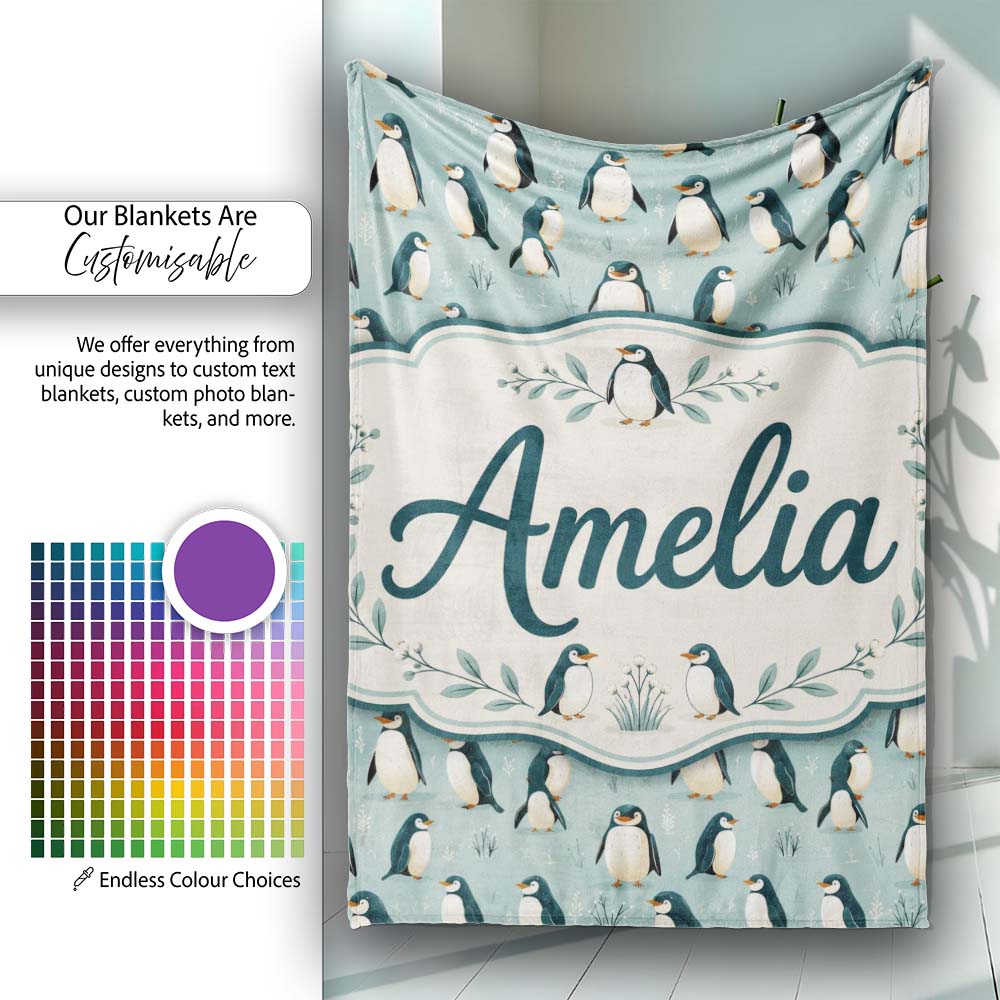 Cute Penguin Birds Arctic Nature Seamless Pattern Name Unique Gift Personalised Custom Name Super Soft Fleece Blanket Bed Sofa Throw