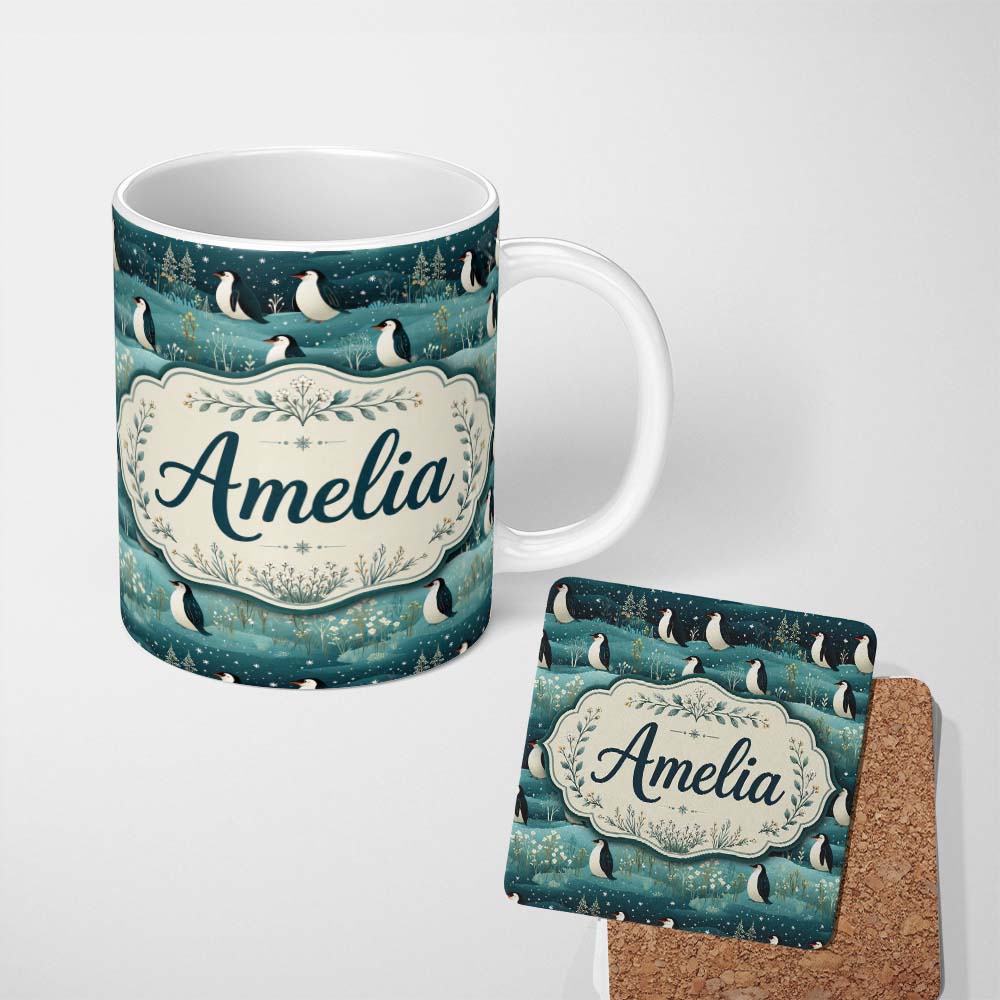 Personalized Custom Name Penguin Birds Snowy Landscape Winter Seamless Pattern Name Cute 11oz Ceramic Coffee Tea Mug White Large Handle