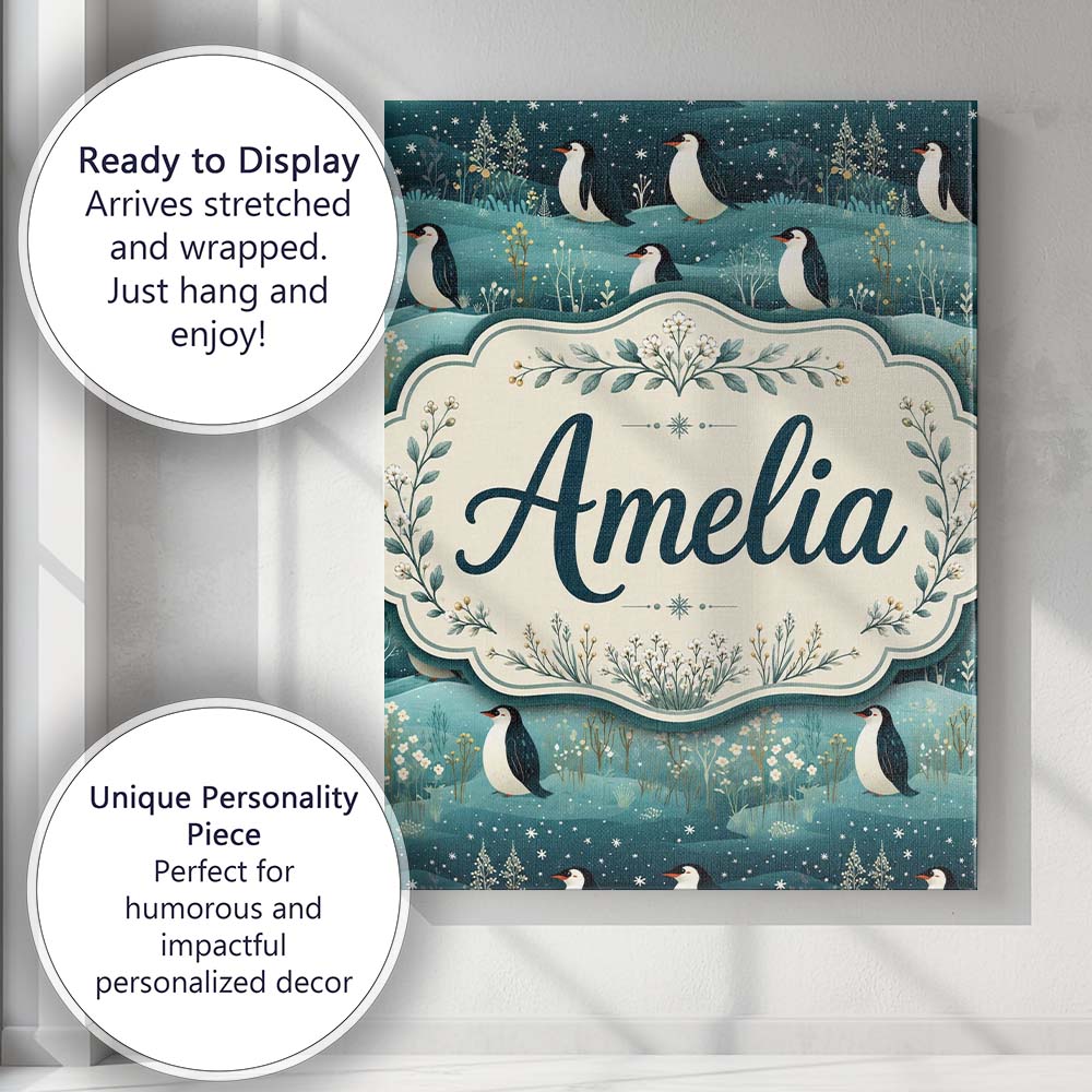 Personalised Name Penguin Birds Snowy Custom Modern Room Accent Creative Decorator Style Canvas Wall Art Print Decor Picture Ready to Hang