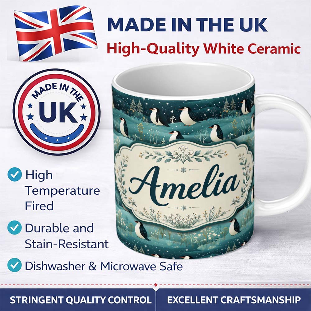 Personalized Custom Name Penguin Birds Snowy Landscape Winter Seamless Pattern Name Cute 11oz Ceramic Coffee Tea Mug White Large Handle