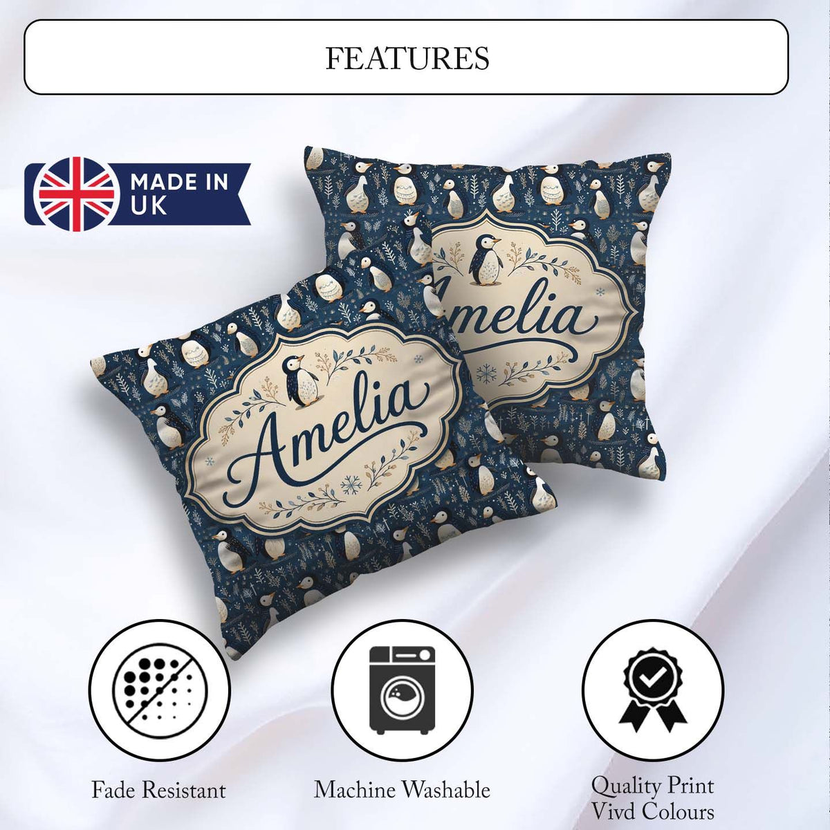 Custom Name Adorable Penguin Birds Blue Winter Pattern Name Cute Square Filled Cushion Throw Pillow Sofa Bed Home Decor Zip Washable UK Made