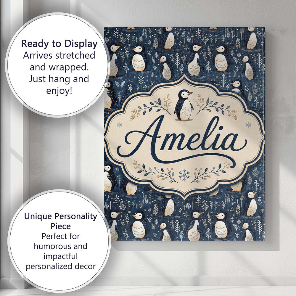 Personalised Name Adorable Penguin Birds Custom Unique Gift Idea Elegant Feature Canvas Wall Art Print Decor Picture Ready to Hang