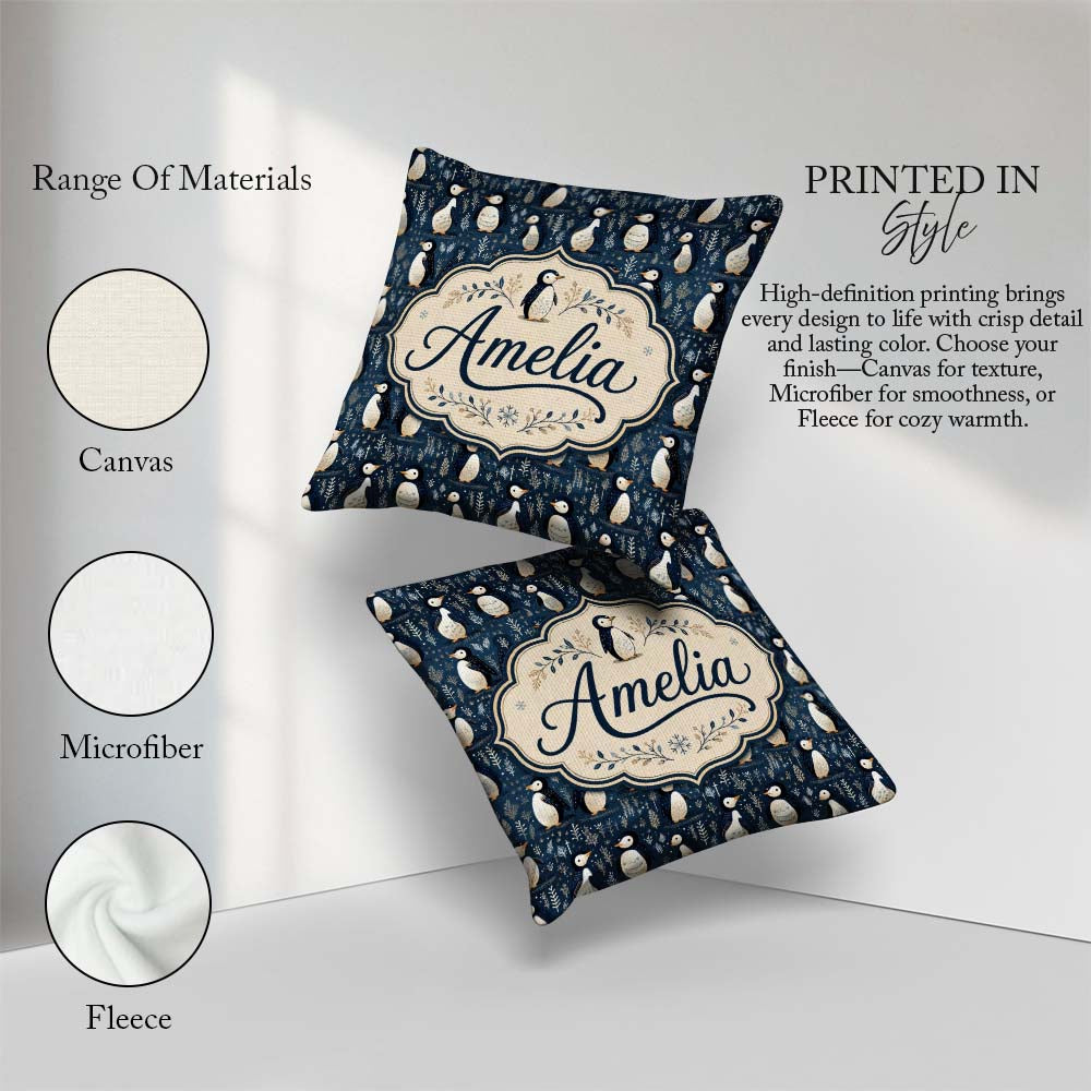 Custom Name Adorable Penguin Birds Blue Winter Pattern Name Cute Square Filled Cushion Throw Pillow Sofa Bed Home Decor Zip Washable UK Made