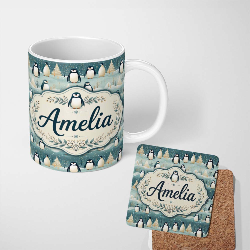 Personalized Custom Name Penguin Birds Cute Winter Forest Seamless Pattern Name Unique Gift 11oz Ceramic Coffee Tea Mug White Large Handle