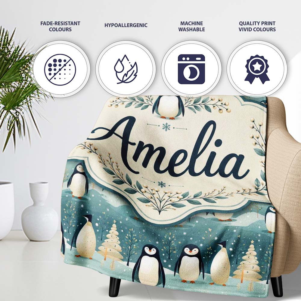 Penguin Birds Cute Winter Forest Seamless Pattern Name Unique Gift Personalised Custom Name Super Soft Fleece Blanket Bed Sofa Throw