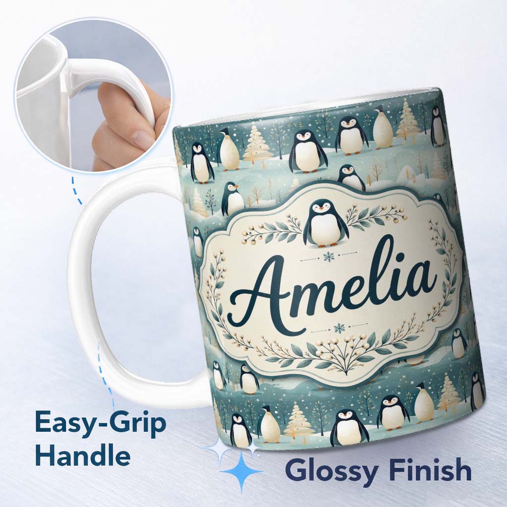 Personalized Custom Name Penguin Birds Cute Winter Forest Seamless Pattern Name Unique Gift 11oz Ceramic Coffee Tea Mug White Large Handle