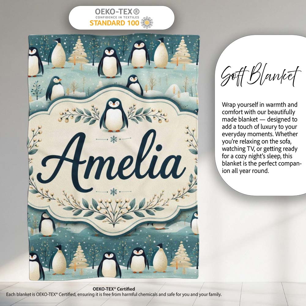 Penguin Birds Cute Winter Forest Seamless Pattern Name Unique Gift Personalised Custom Name Super Soft Fleece Blanket Bed Sofa Throw