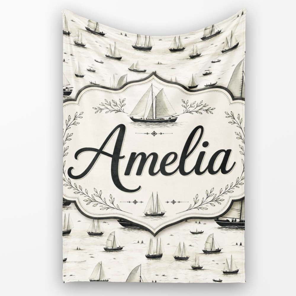 Vintage Sailing Boats Ocean Seamless Pattern Name Cute Unique Gift Personalised Custom Name Super Soft Fleece Blanket Bed Sofa Throw