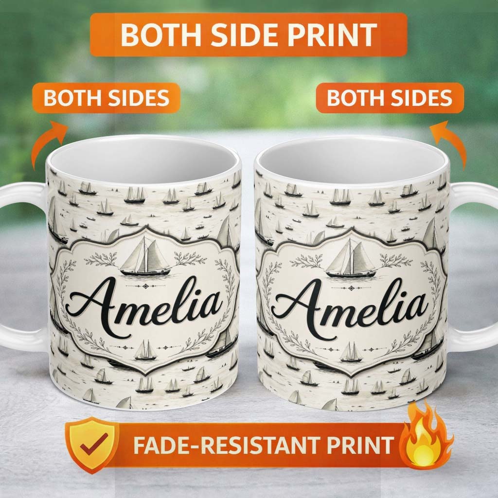 Personalized Custom Name Vintage Sailing Boats Ocean Seamless Pattern Name Cute Unique Gift 11oz Ceramic Coffee Tea Mug White Large Handle