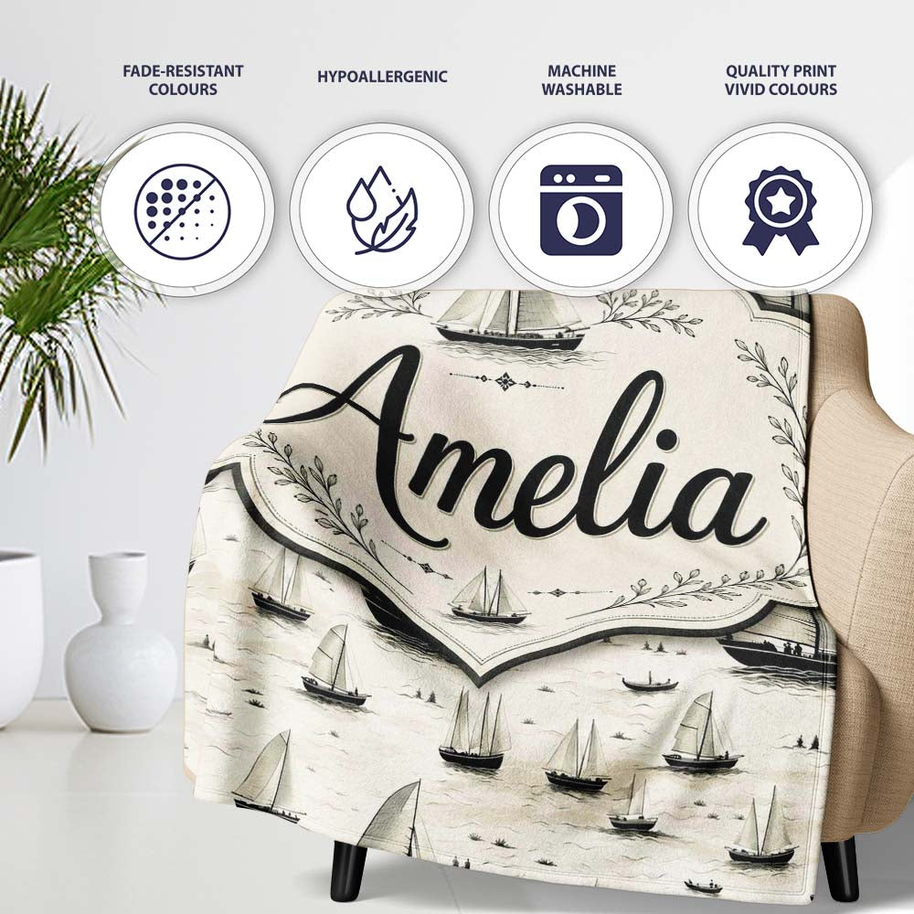 Vintage Sailing Boats Ocean Seamless Pattern Name Cute Unique Gift Personalised Custom Name Super Soft Fleece Blanket Bed Sofa Throw