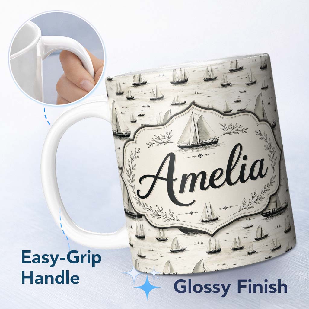 Personalized Custom Name Vintage Sailing Boats Ocean Seamless Pattern Name Cute Unique Gift 11oz Ceramic Coffee Tea Mug White Large Handle
