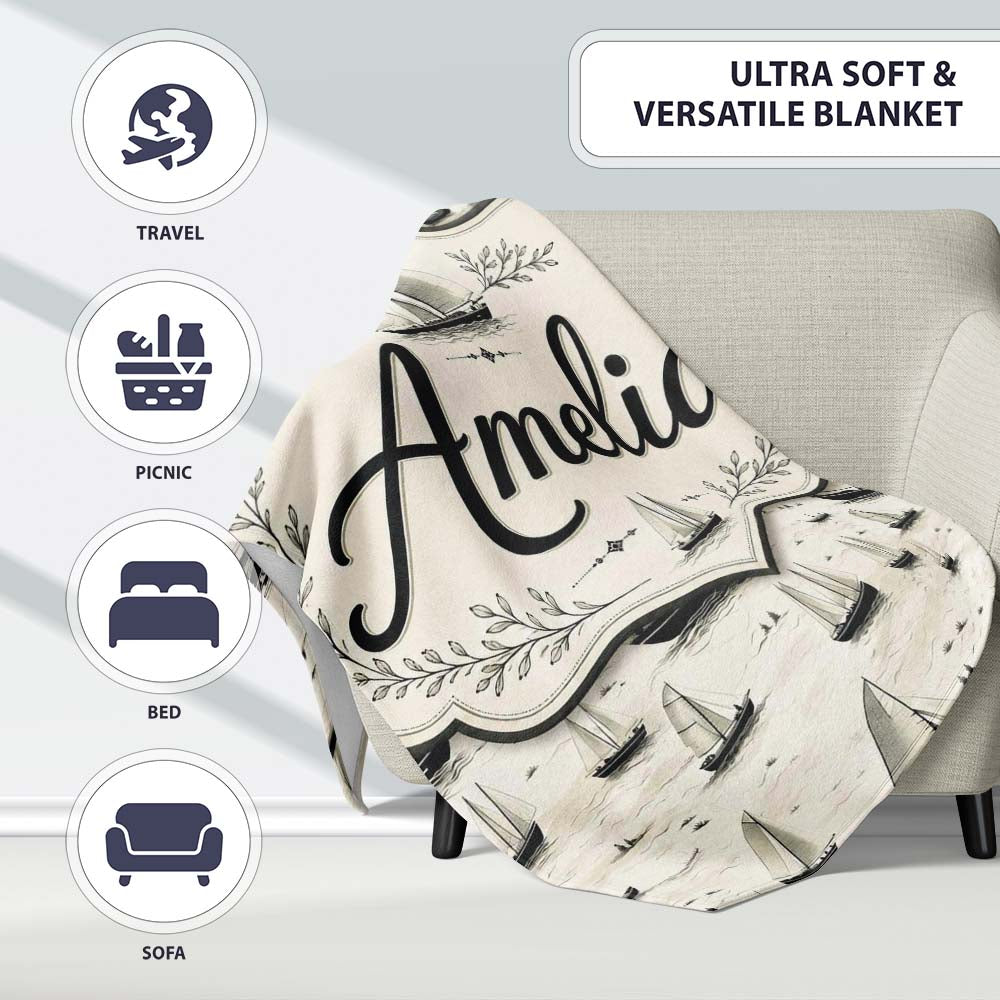 Vintage Sailing Boats Ocean Seamless Pattern Name Cute Unique Gift Personalised Custom Name Super Soft Fleece Blanket Bed Sofa Throw