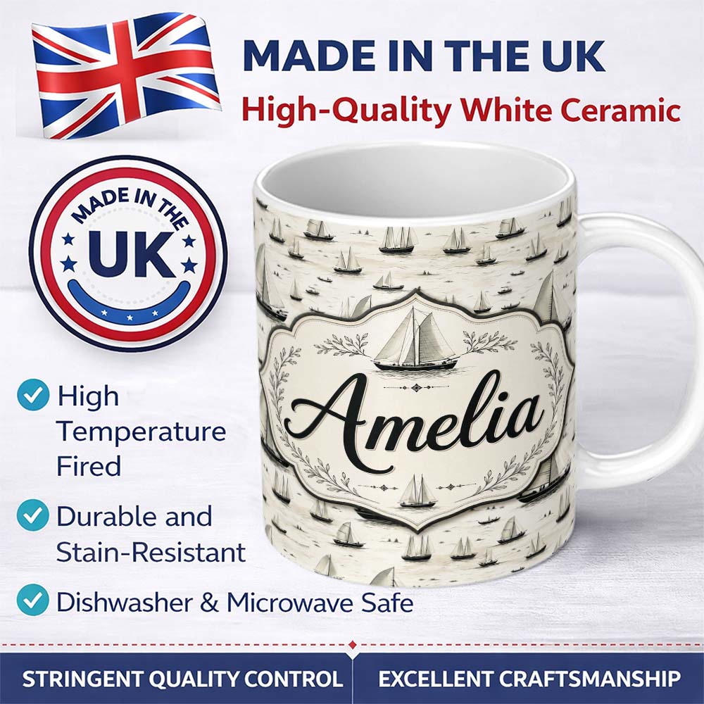 Personalized Custom Name Vintage Sailing Boats Ocean Seamless Pattern Name Cute Unique Gift 11oz Ceramic Coffee Tea Mug White Large Handle