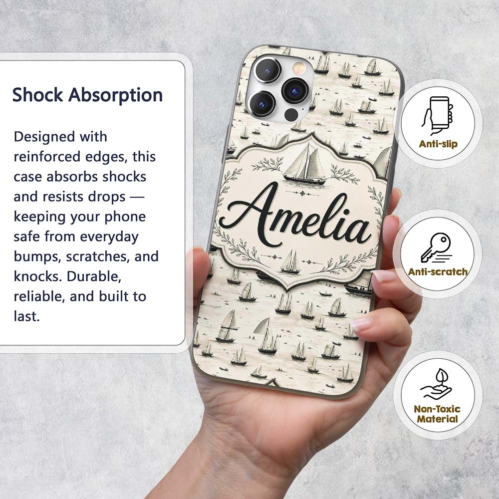 Vintage Sailing Boats Ocean Seamless Pattern Name Custom Name Protective Phone Case Mobile Cover Durable Everyday Smartphone Shock Resistant