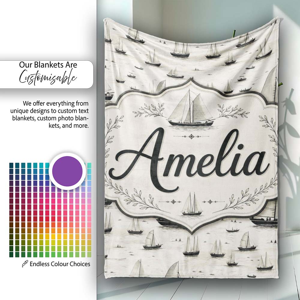 Vintage Sailing Boats Ocean Seamless Pattern Name Cute Unique Gift Personalised Custom Name Super Soft Fleece Blanket Bed Sofa Throw