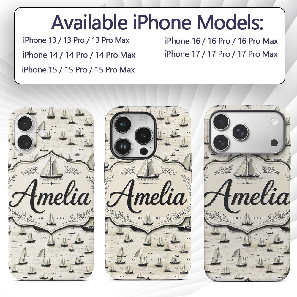 Vintage Sailing Boats Ocean Seamless Pattern Name Custom Name Protective Phone Case Mobile Cover Durable Everyday Smartphone Shock Resistant