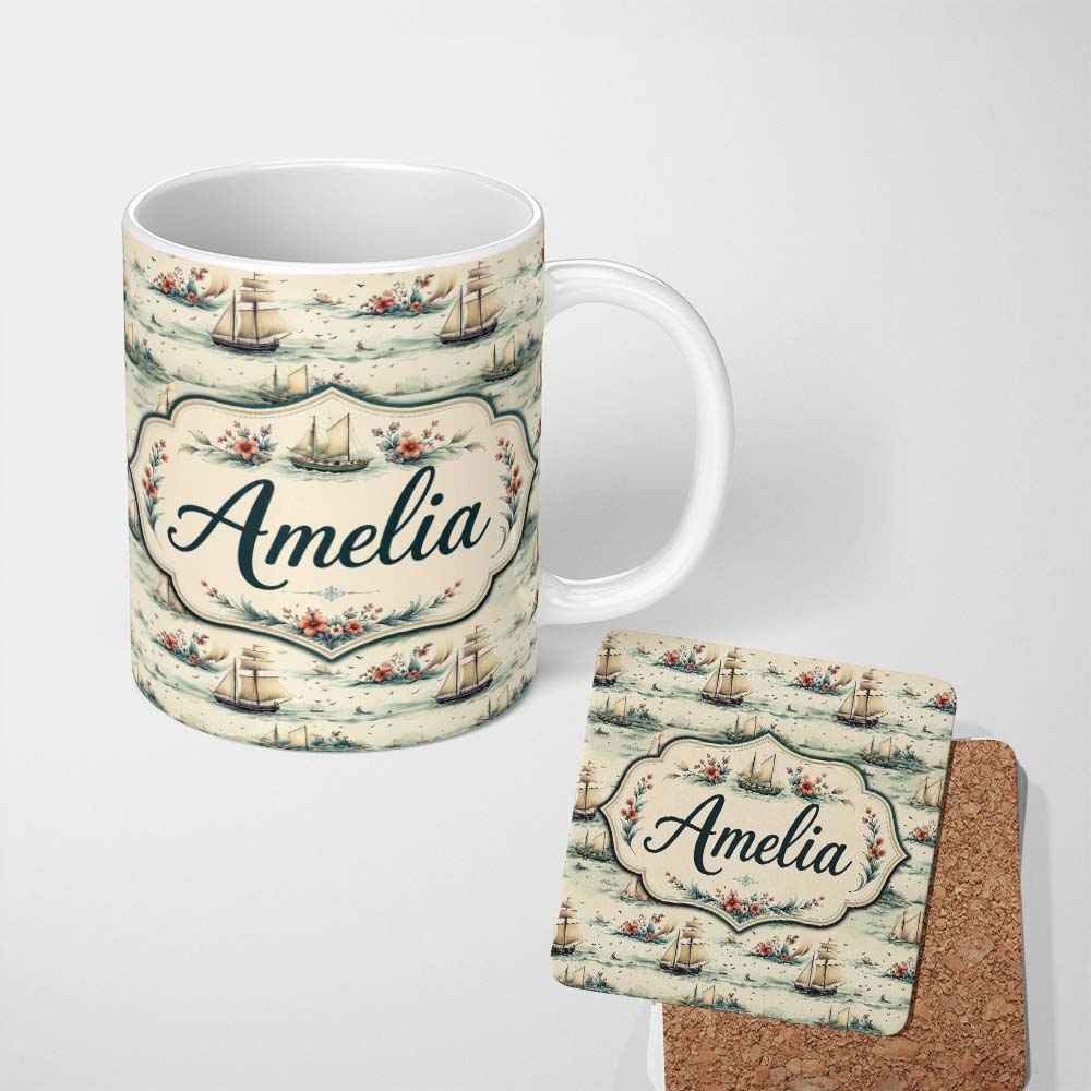 Personalized Custom Name Classic Sailing Ships Sea Waves Seamless Pattern Name Cute Unique 11oz Ceramic Coffee Tea Mug White Large Handle