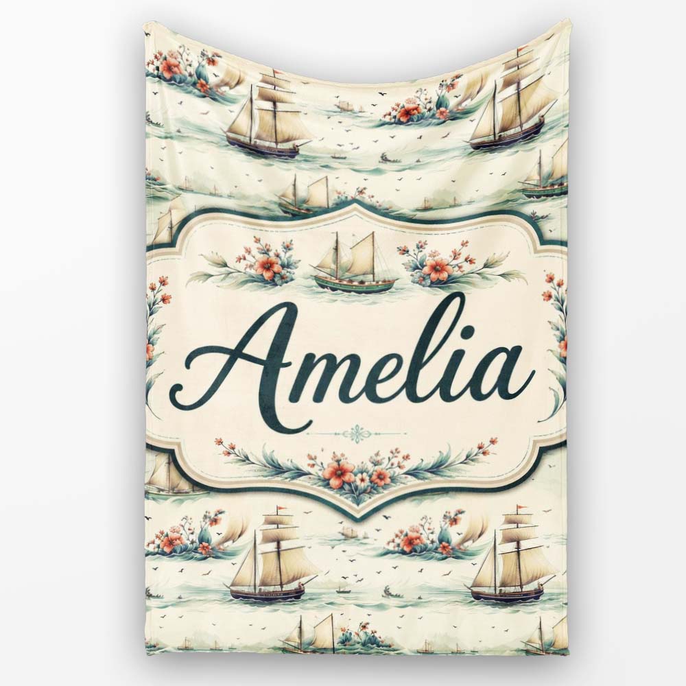 Classic Sailing Ships Sea Waves Seamless Pattern Name Cute Unique Personalised Custom Name Super Soft Fleece Blanket Bed Sofa Throw