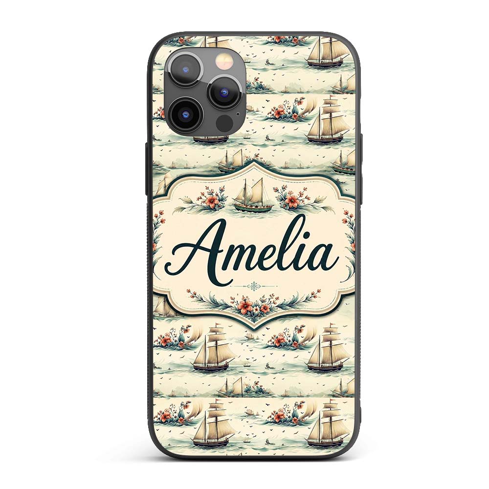 Classic Sailing Ships Sea Waves Seamless Pattern Custom Name Protective Phone Case Mobile Cover Durable Everyday Smartphone Shock Resistant