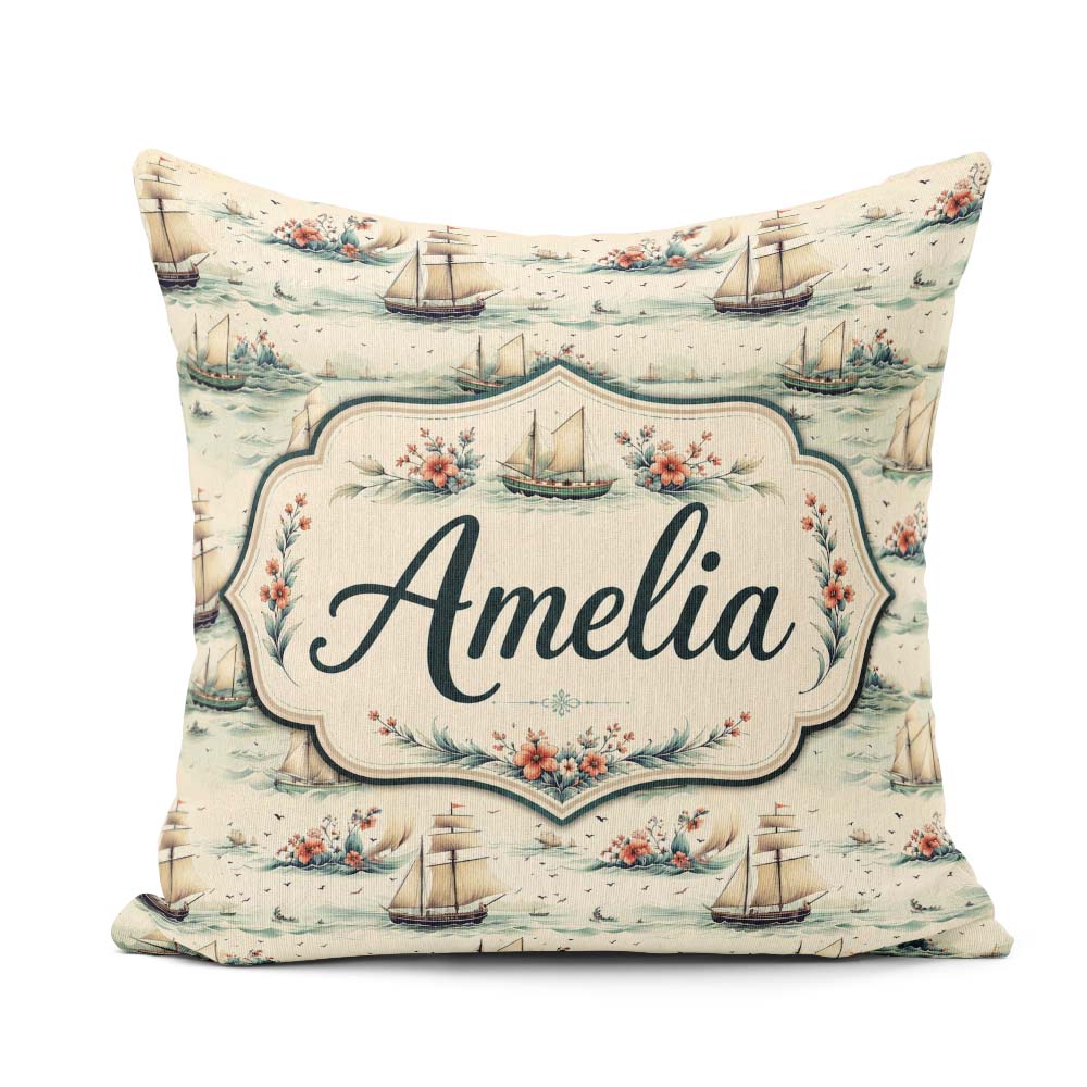 Custom Name Classic Sailing Ships Sea Seamless Pattern Name Cute Square Filled Cushion Throw Pillow Sofa Bed Home Decor Zip Washable UK Made