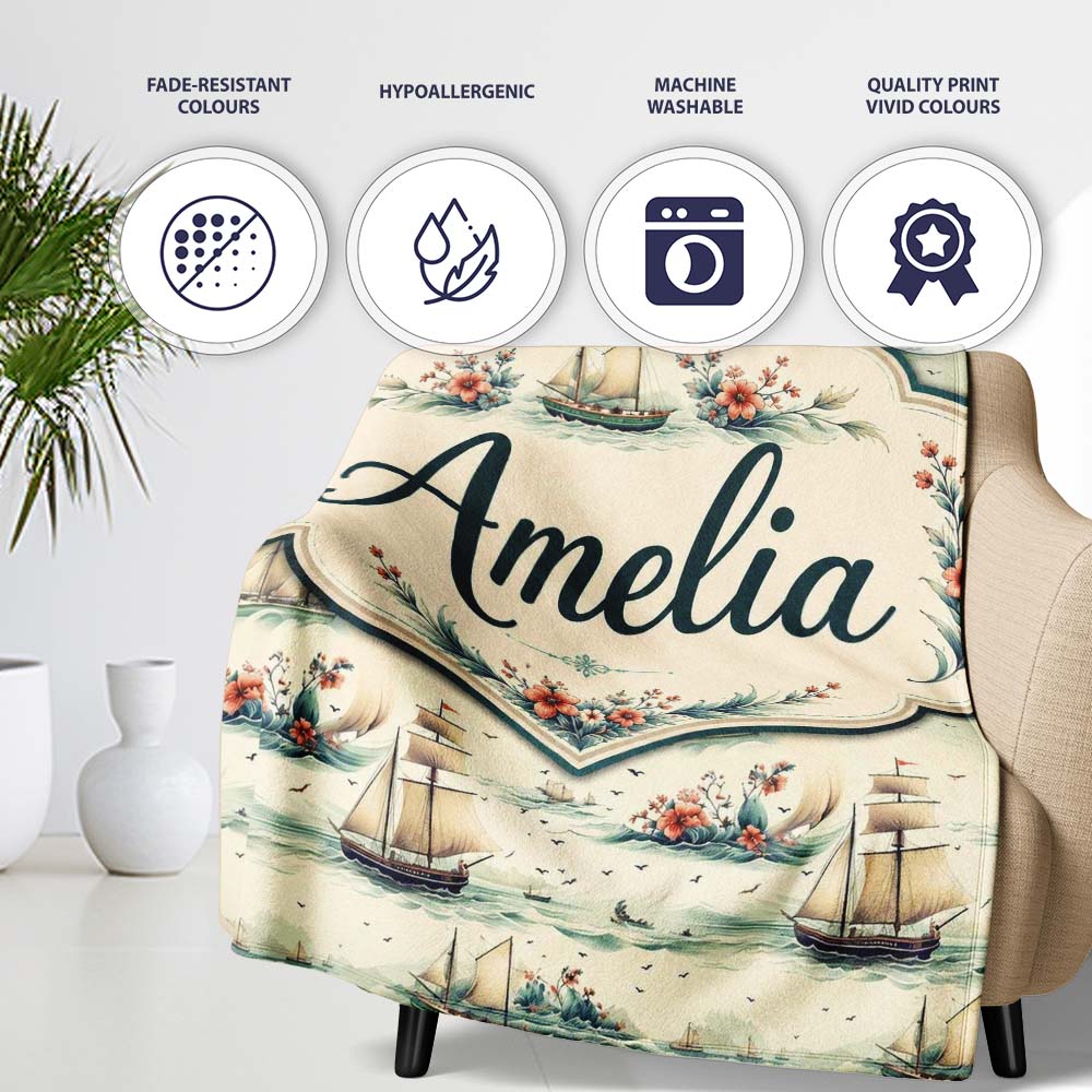 Classic Sailing Ships Sea Waves Seamless Pattern Name Cute Unique Personalised Custom Name Super Soft Fleece Blanket Bed Sofa Throw