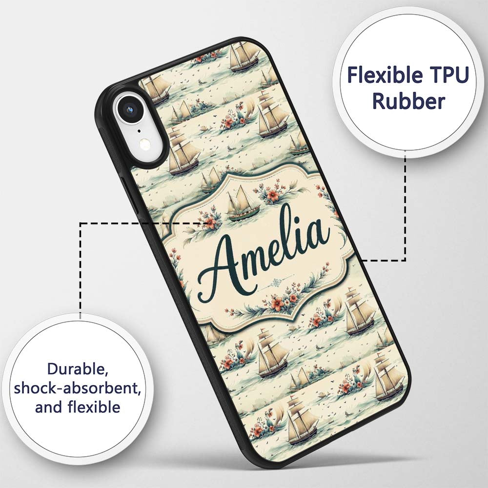 Classic Sailing Ships Sea Waves Seamless Pattern Custom Name Protective Phone Case Mobile Cover Durable Everyday Smartphone Shock Resistant