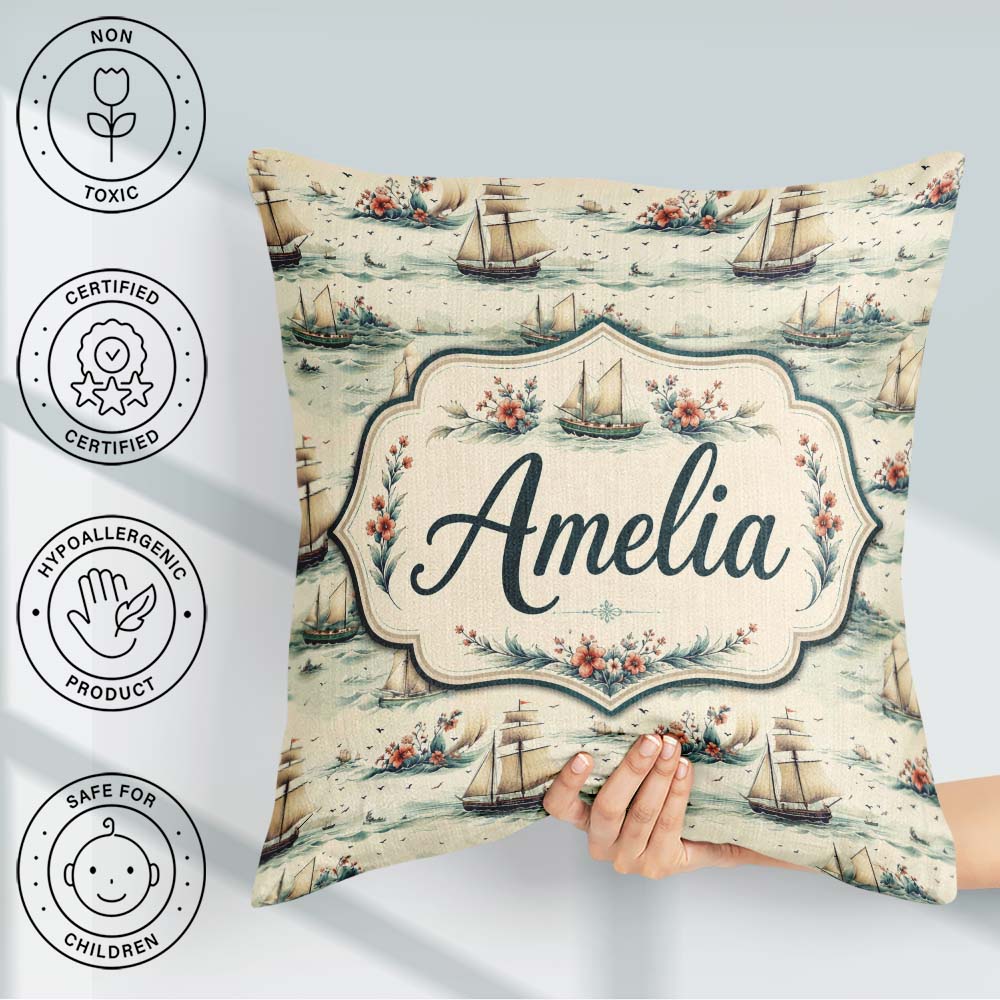 Custom Name Classic Sailing Ships Sea Seamless Pattern Name Cute Square Filled Cushion Throw Pillow Sofa Bed Home Decor Zip Washable UK Made