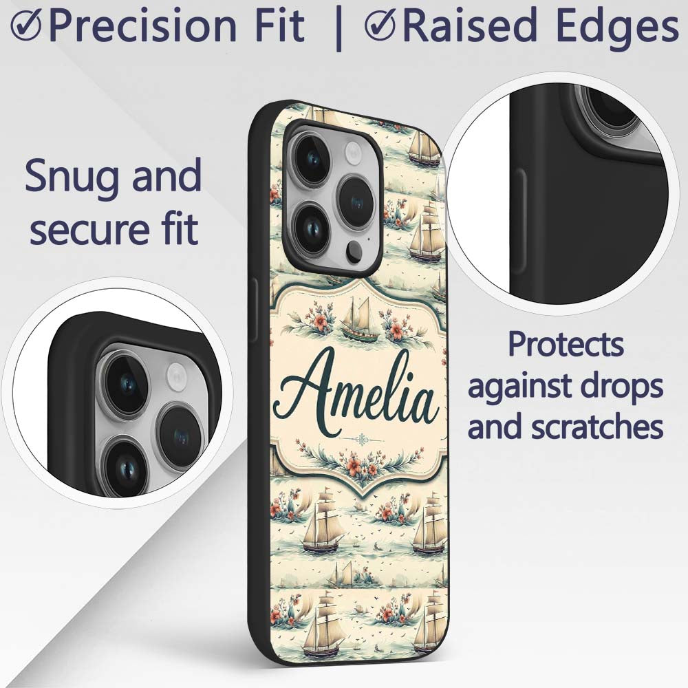 Classic Sailing Ships Sea Waves Seamless Pattern Custom Name Protective Phone Case Mobile Cover Durable Everyday Smartphone Shock Resistant