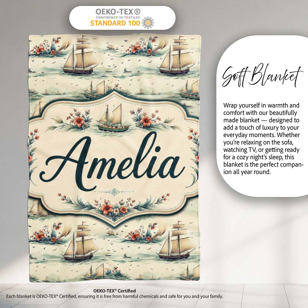 Classic Sailing Ships Sea Waves Seamless Pattern Name Cute Unique Personalised Custom Name Super Soft Fleece Blanket Bed Sofa Throw