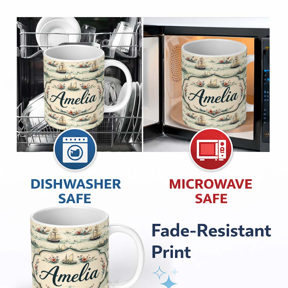 Personalized Custom Name Classic Sailing Ships Sea Waves Seamless Pattern Name Cute Unique 11oz Ceramic Coffee Tea Mug White Large Handle
