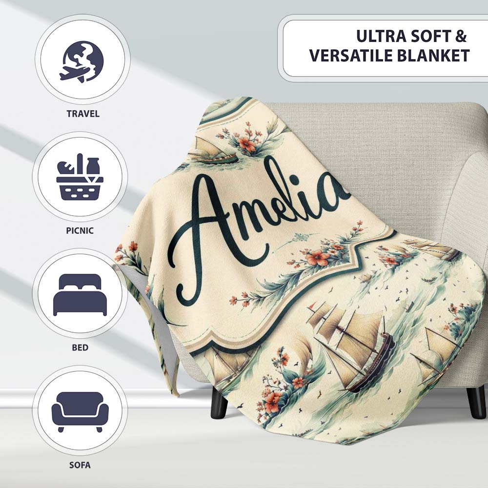 Classic Sailing Ships Sea Waves Seamless Pattern Name Cute Unique Personalised Custom Name Super Soft Fleece Blanket Bed Sofa Throw