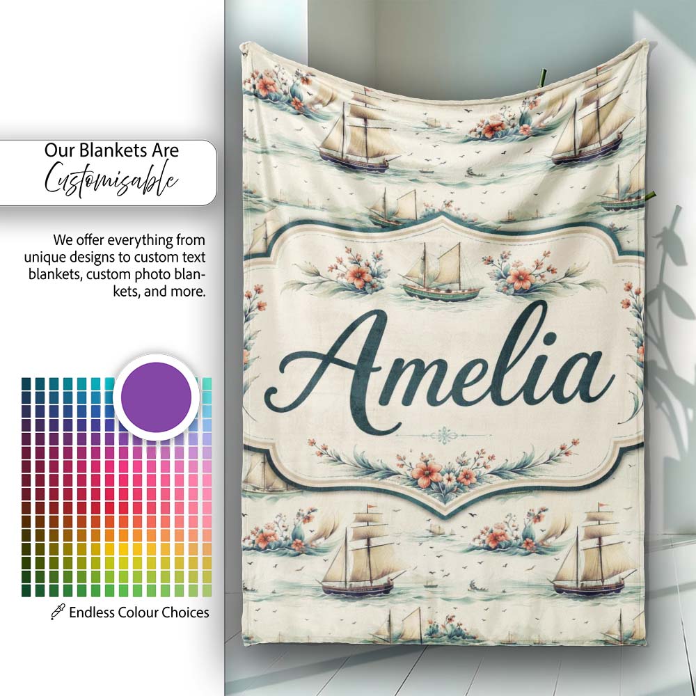 Classic Sailing Ships Sea Waves Seamless Pattern Name Cute Unique Personalised Custom Name Super Soft Fleece Blanket Bed Sofa Throw
