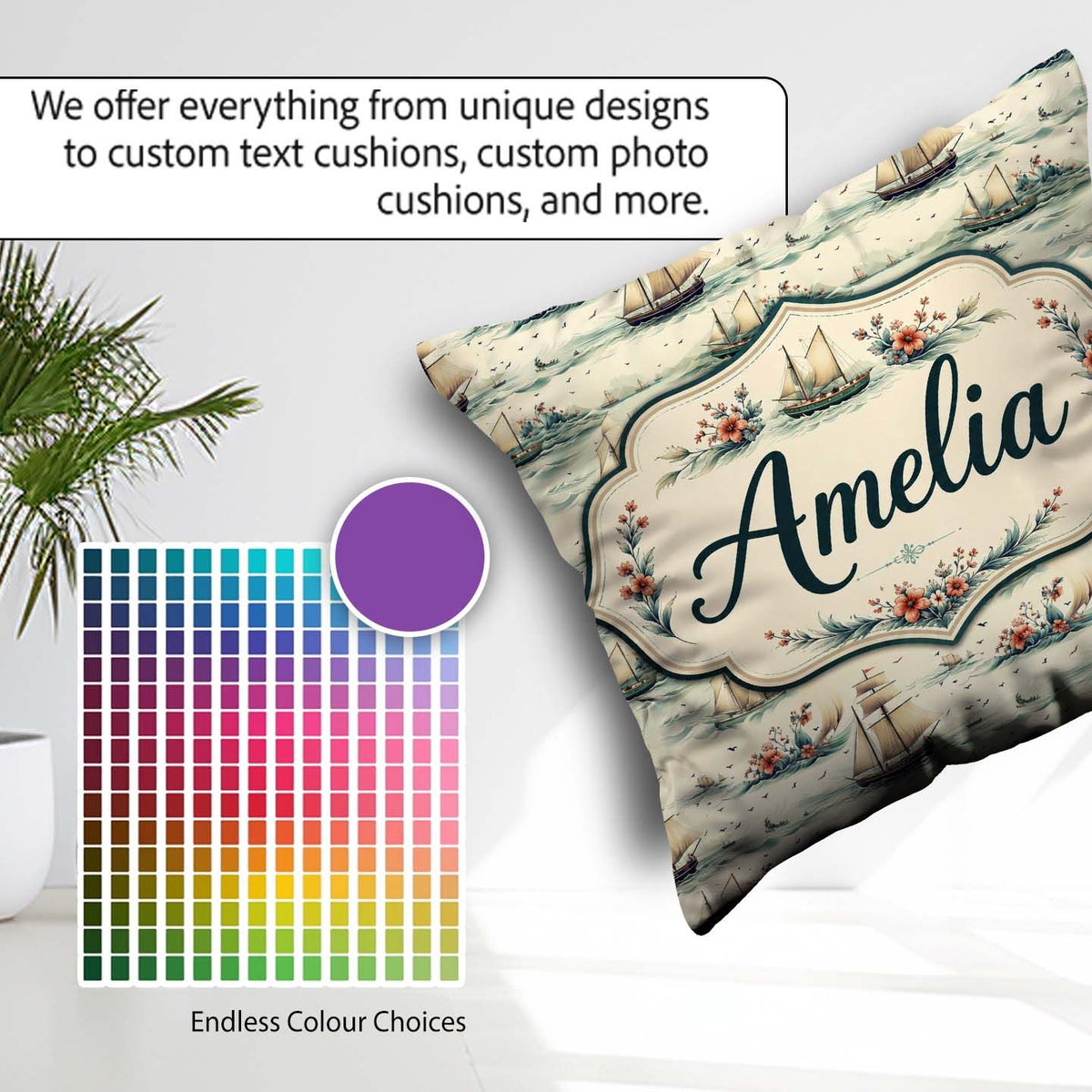 Custom Name Classic Sailing Ships Sea Seamless Pattern Name Cute Square Filled Cushion Throw Pillow Sofa Bed Home Decor Zip Washable UK Made