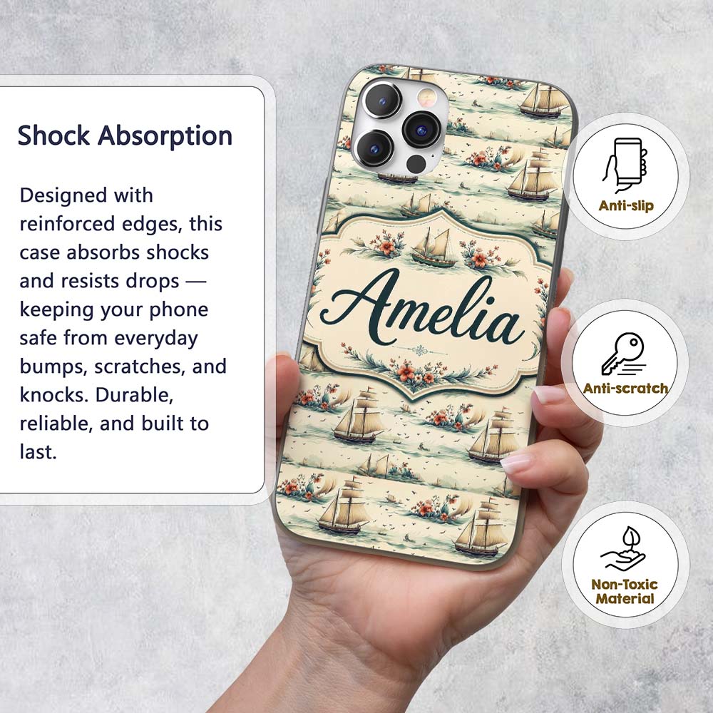 Classic Sailing Ships Sea Waves Seamless Pattern Custom Name Protective Phone Case Mobile Cover Durable Everyday Smartphone Shock Resistant