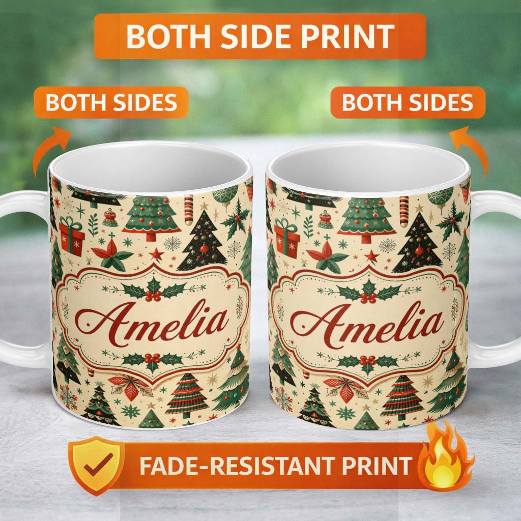 Personalized Custom Name Modern Christmas Trees Gifts Stars Ornaments Festive Seamless Lovely 11oz Ceramic Coffee Tea Mug White Large Handle